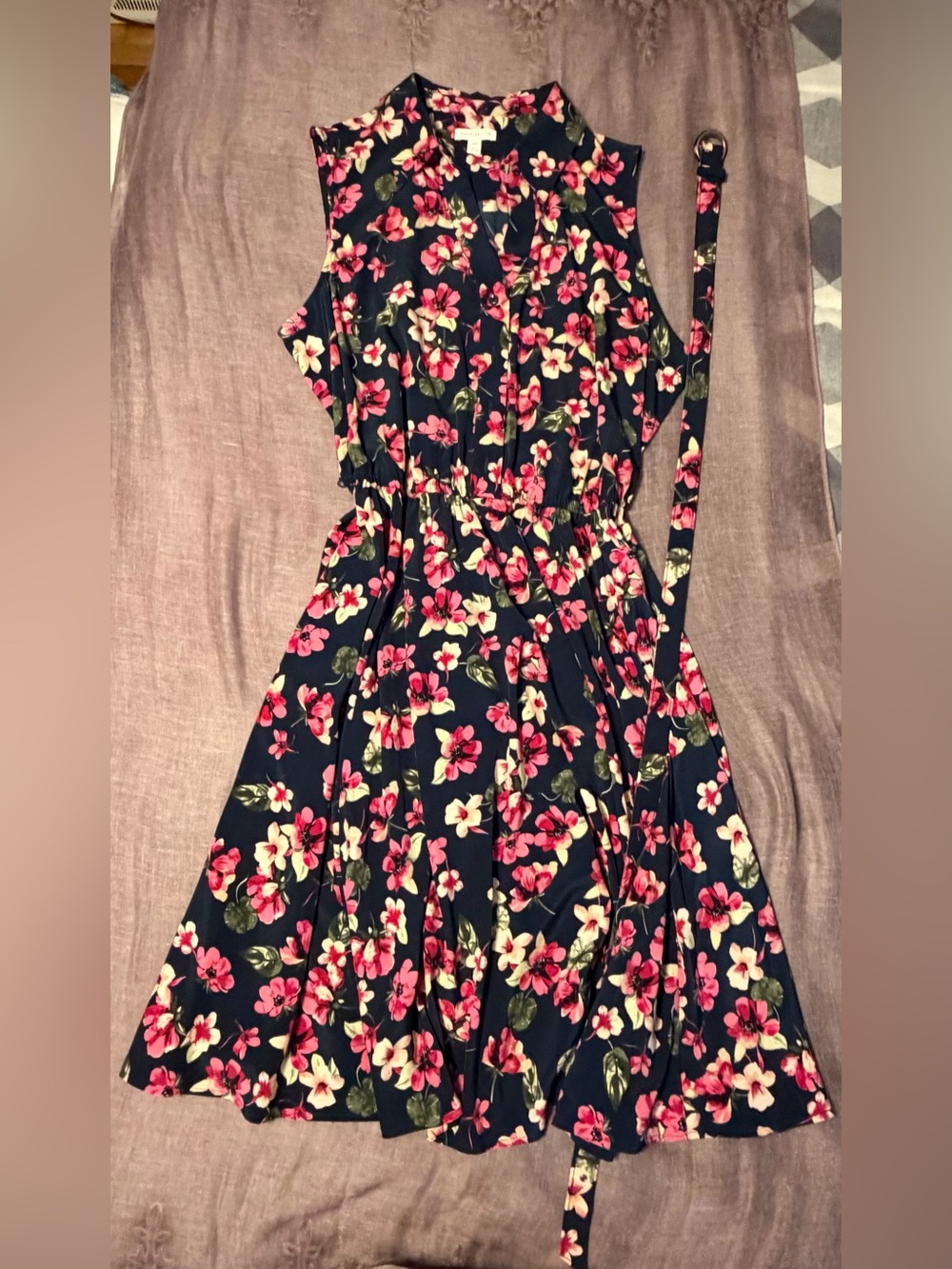 Charter Club Navy Floral Sleeveless Midi Dress with Belt